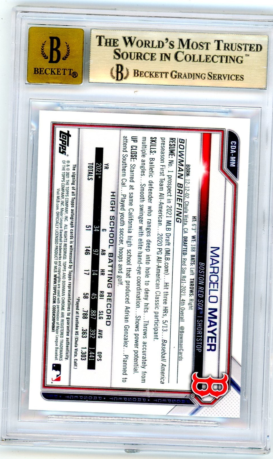 Marcelo Mayer 2021 Bowman Chrome Draft 1st Bowman Auto Blue #’d 006/150 BGS 9.5