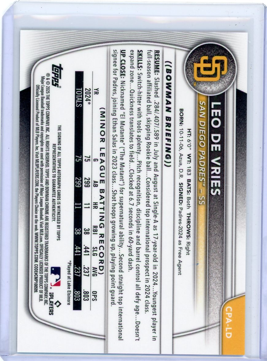 Leo De Vries 2025 Bowman Chrome autograph speckle refractor #'d 105/299