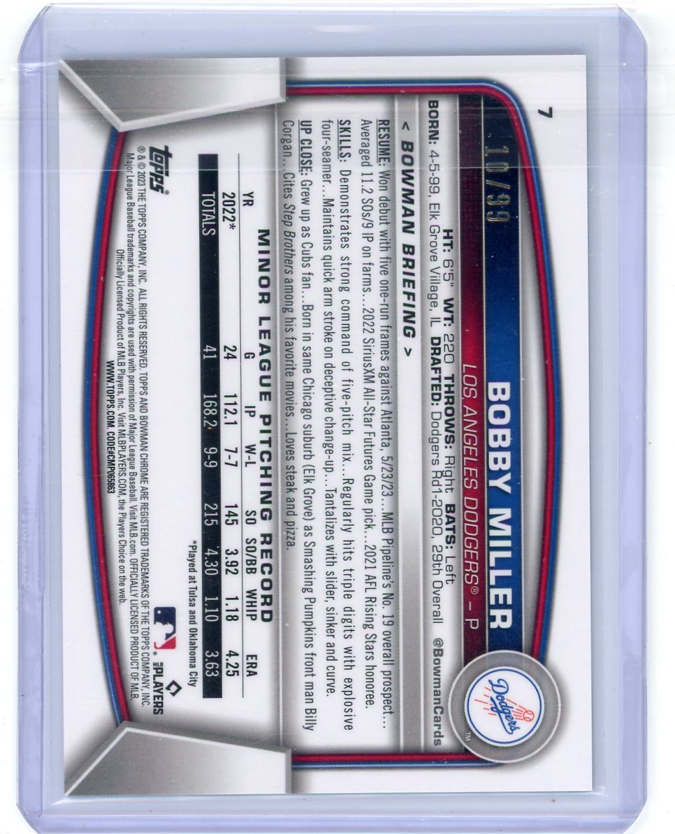 Bobby Miller 2023 Bowman Chrome green refractor rookie card #'d 10/99
