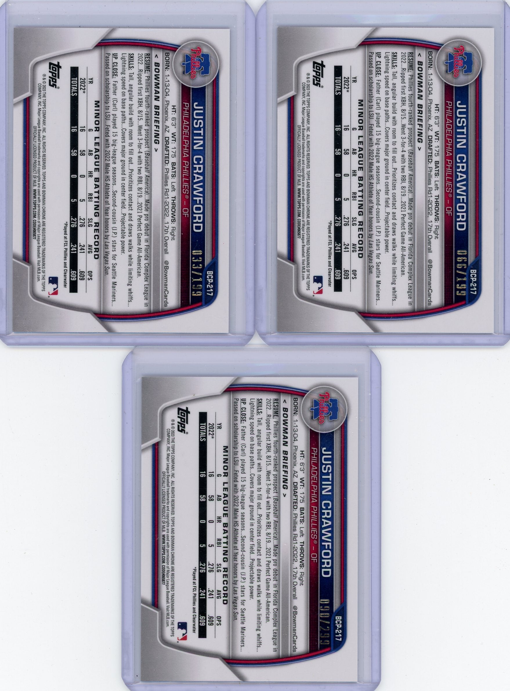 Justin Crawford 3-card 2023 Bowman chrome #'d lot /199 + /299