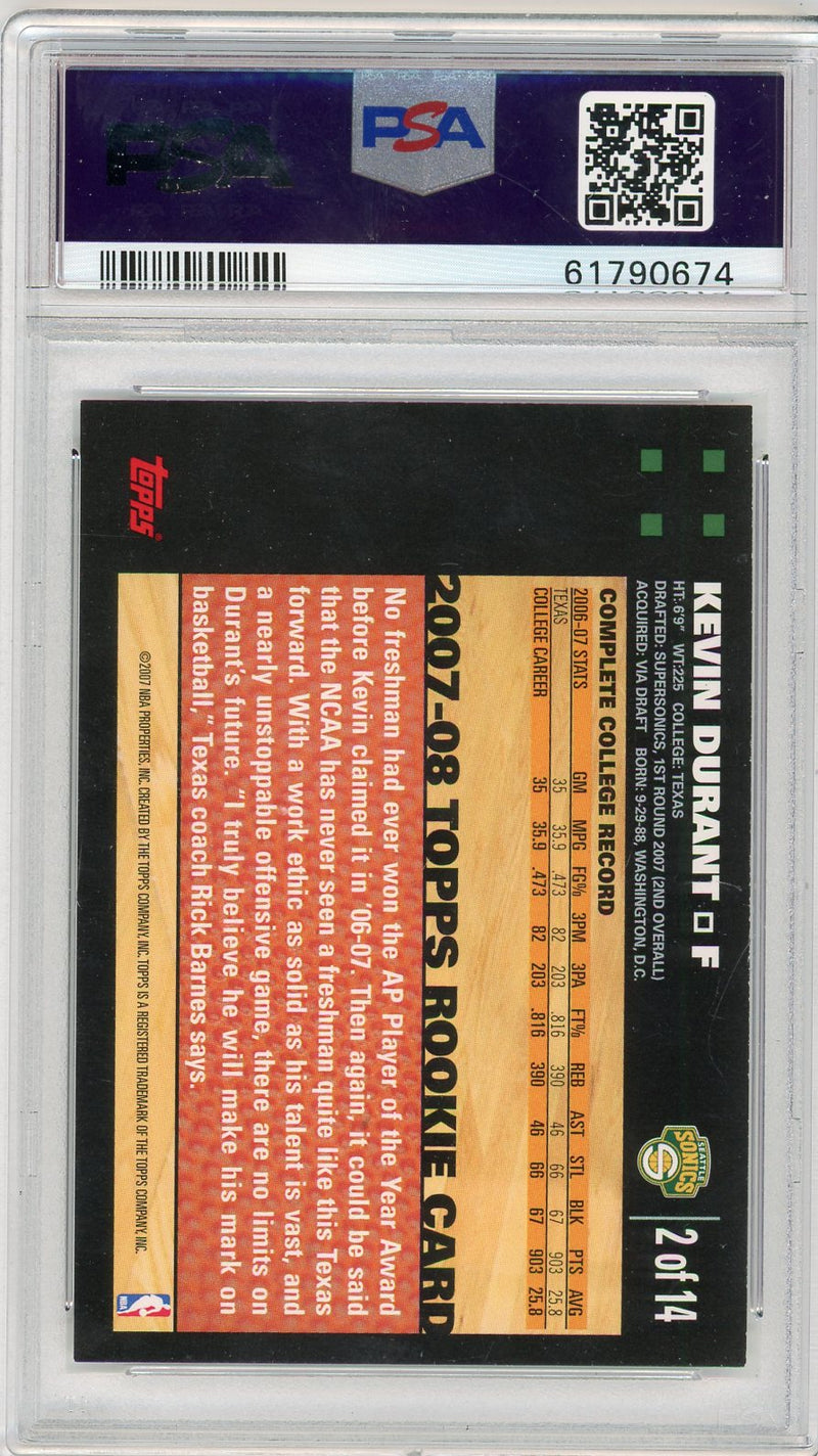 Kevin Durant 2007 Topps rookie card white border PSA 8