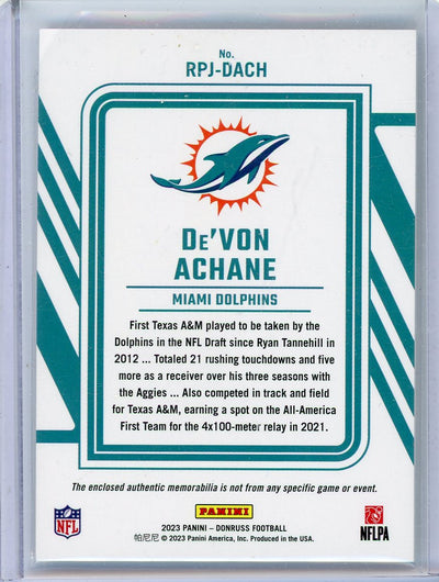 De'Von Achane 2023 Panini Donruss Rookie Phenom relic rookie card #'d 22/25