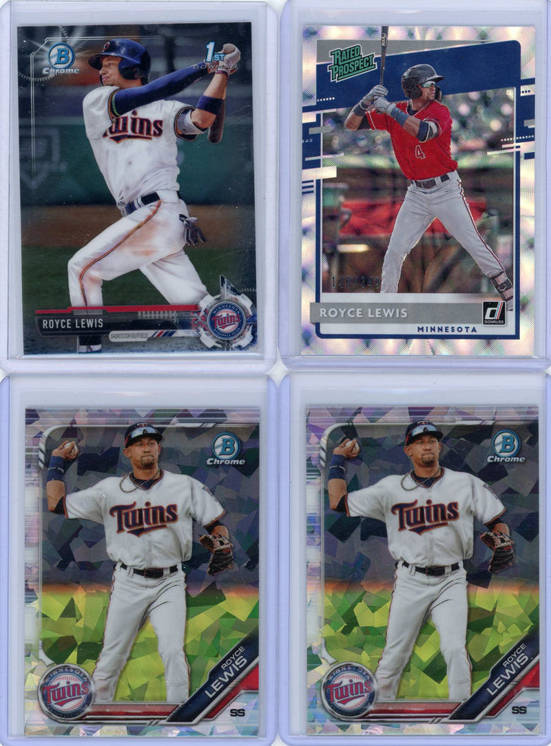 Royce Lewis 4-card lot (1st Bowman, 2x Sapphire, Donruss /349)