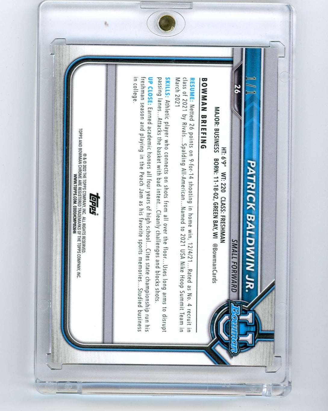 Patrick Baldwin Jr. 2022 Bowman Chrome University 1st Superfractor 1/1 #26