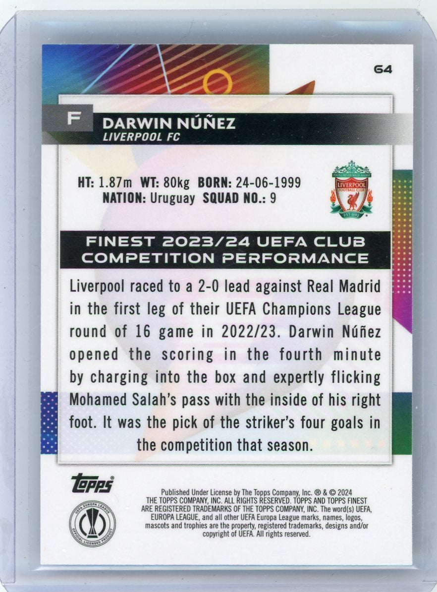 Darwin Nunez 2024 Topps Finest UEFA Blue Refractor #'d 149/150