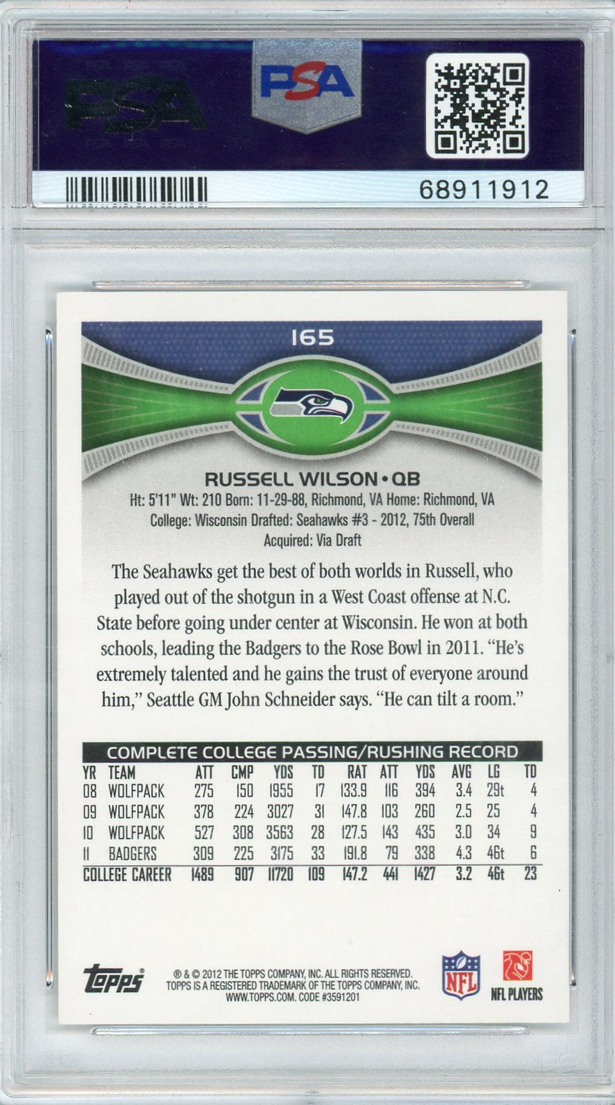 Russell Wilson 2012 Topps Passing Stands Visible RC PSA 9