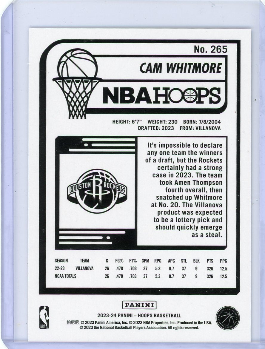 Cam Whitmore 2023-24 Panini NBA Hoops Artist Proof rookie card #'d 05/25