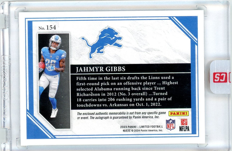 Jahmyr Gibbs 2023 Panini Limited Rookie Patch Autograph 