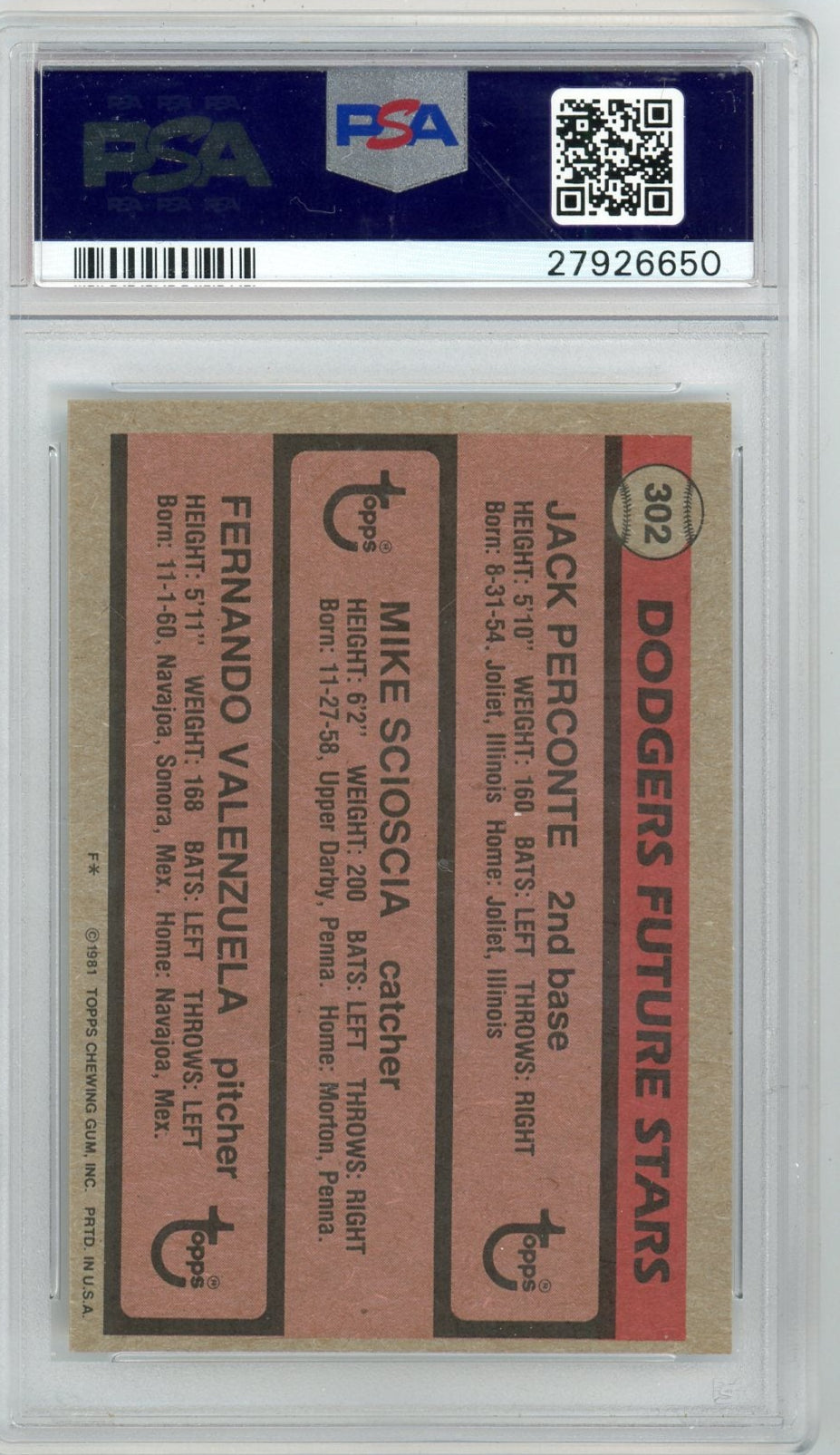 Perconte/Scioscia/Valenzuela 1981 Topps #302 PSA 8