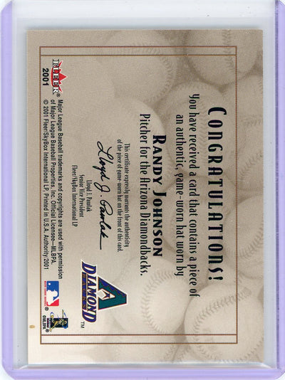 Randy Johnson 2001 Fleer Diamond Cuts Game Used Hat Relic