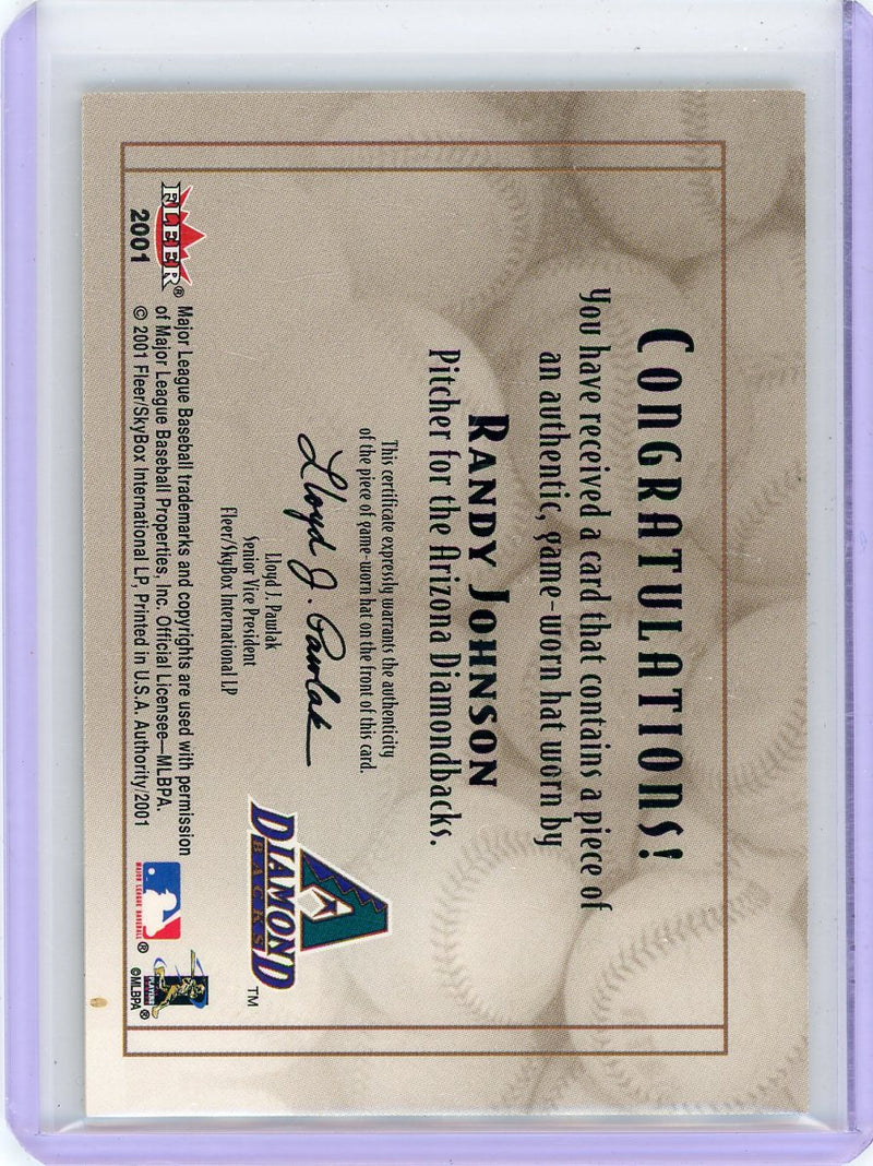 Randy Johnson 2001 Fleer Diamond Cuts Game Used Hat Relic