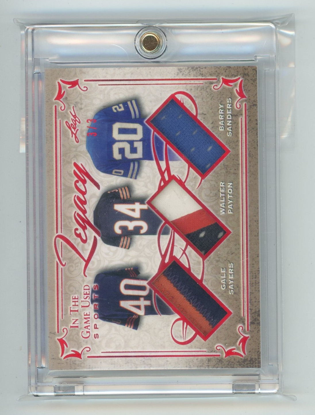 Sayers/Payton/Sanders 2019 Leaf Legacy In the Game Used Sports Red #'d 3/3