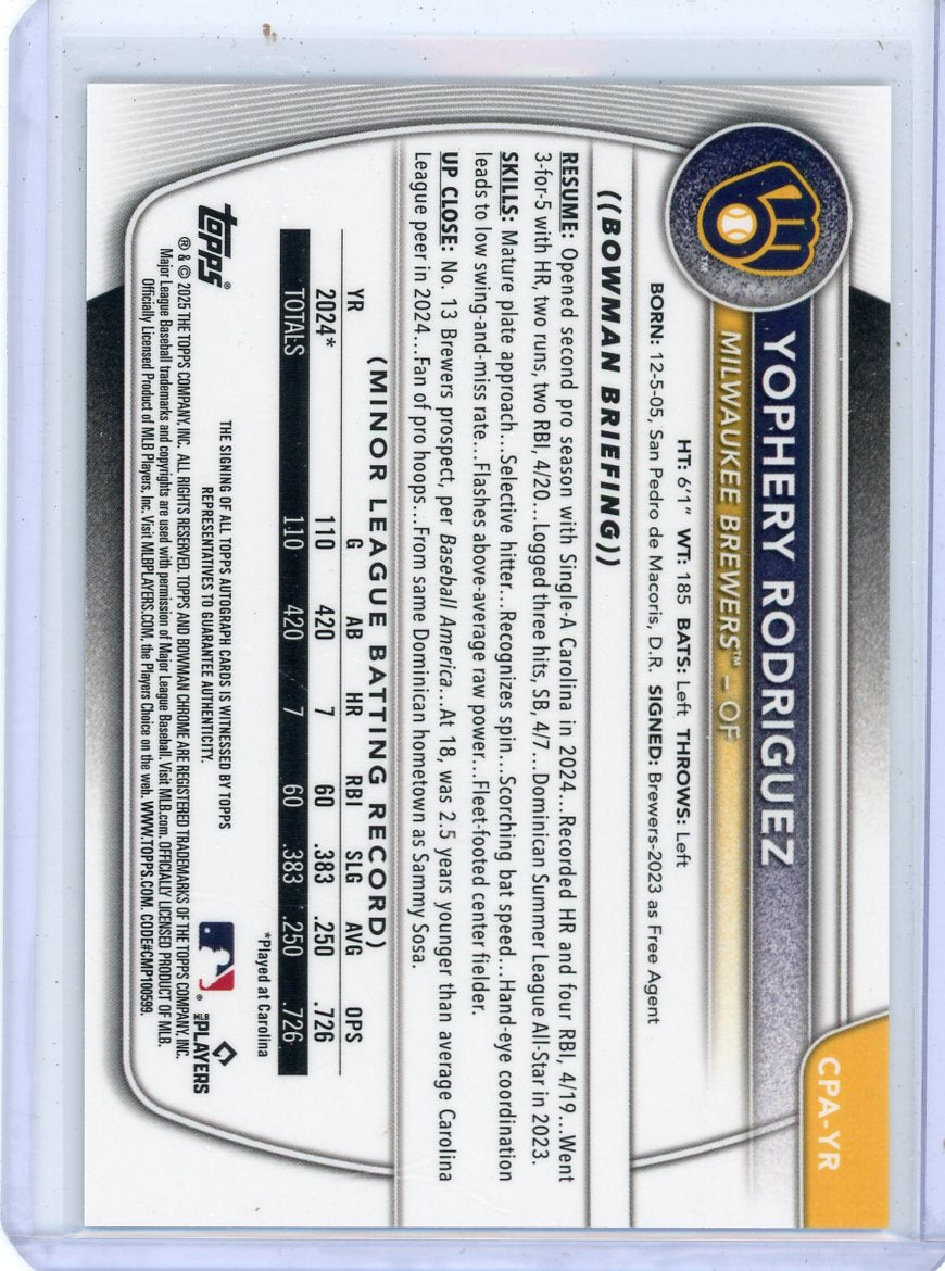 Yophery Rodriguez 2025 1st Bowman Chrome autograph