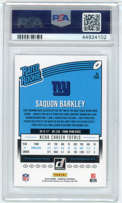 Saquan Barkley 2018 Panini Donruss rookie card PSA 10