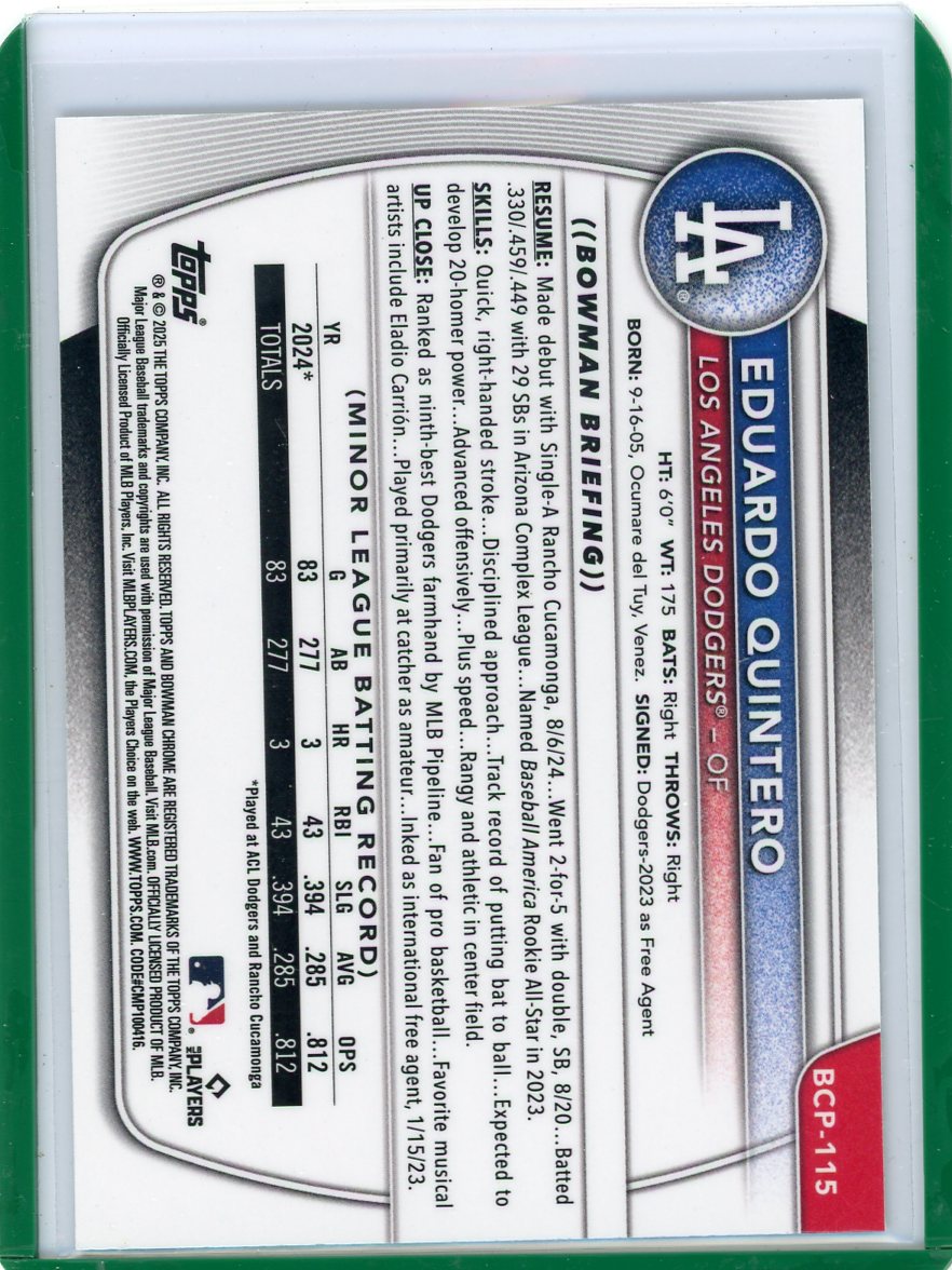 Eduardo Quintero 2025 1st Bowman Chrome green geometric ref. #'d 95/99