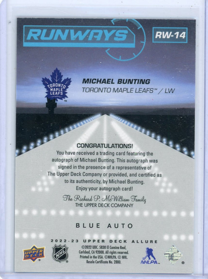 Michael Bunting 2022-23 Upper Deck Allure Runways blue autograph