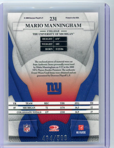 Mario Manningham 2008 Donruss Leaf Certified Freshman Fabric auth. game-used jersey relic #'d 434/599