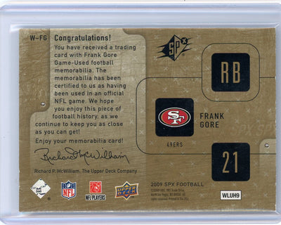 Frank Gore 2009 Upper Deck SPX Winning Materials auth. game-used jersey relic #'d 082/349