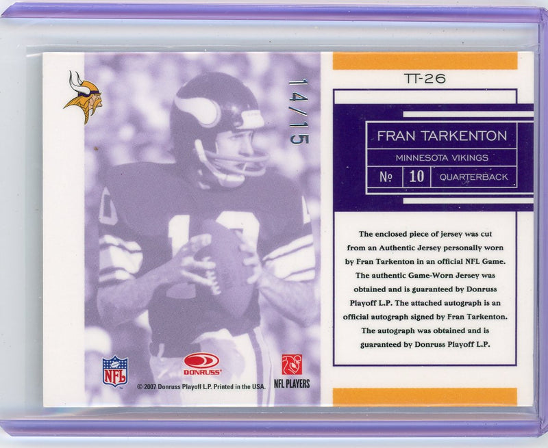 Fran Tarkenton 2007 Leaf Limited Team Trademarks Materials Prime (Game Used) 