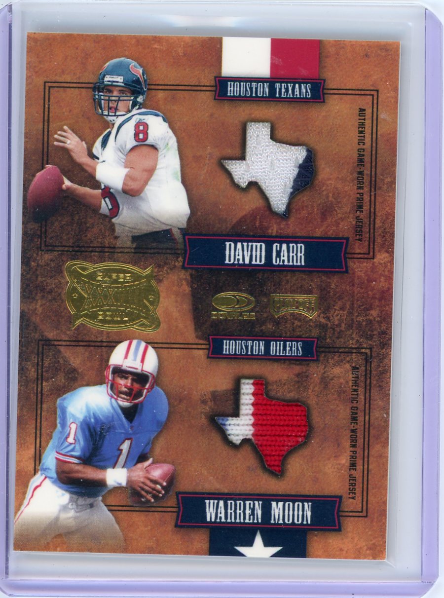 Warren Moon David Carr 2004 Donruss Playoff Super Bowl XXXVIII auth. game-used dual relic #'d 056/100