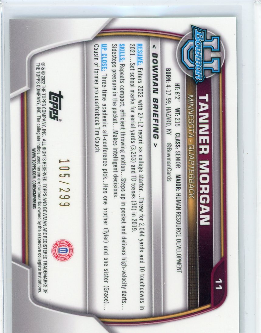 Tanner Morgan 2022 Topps 1st Bowman Chrome University aqua wave ref. #'d 105/299