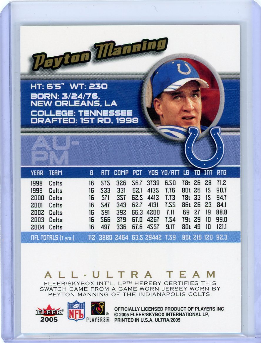 Peyton Manning 2005 Fleer Ultra All-Ultra Team game-used relic