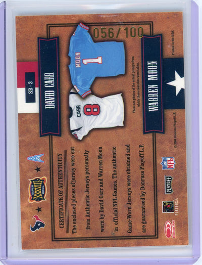 Warren Moon David Carr 2004 Donruss Playoff Super Bowl XXXVIII auth. game-used dual relic #'d 056/100