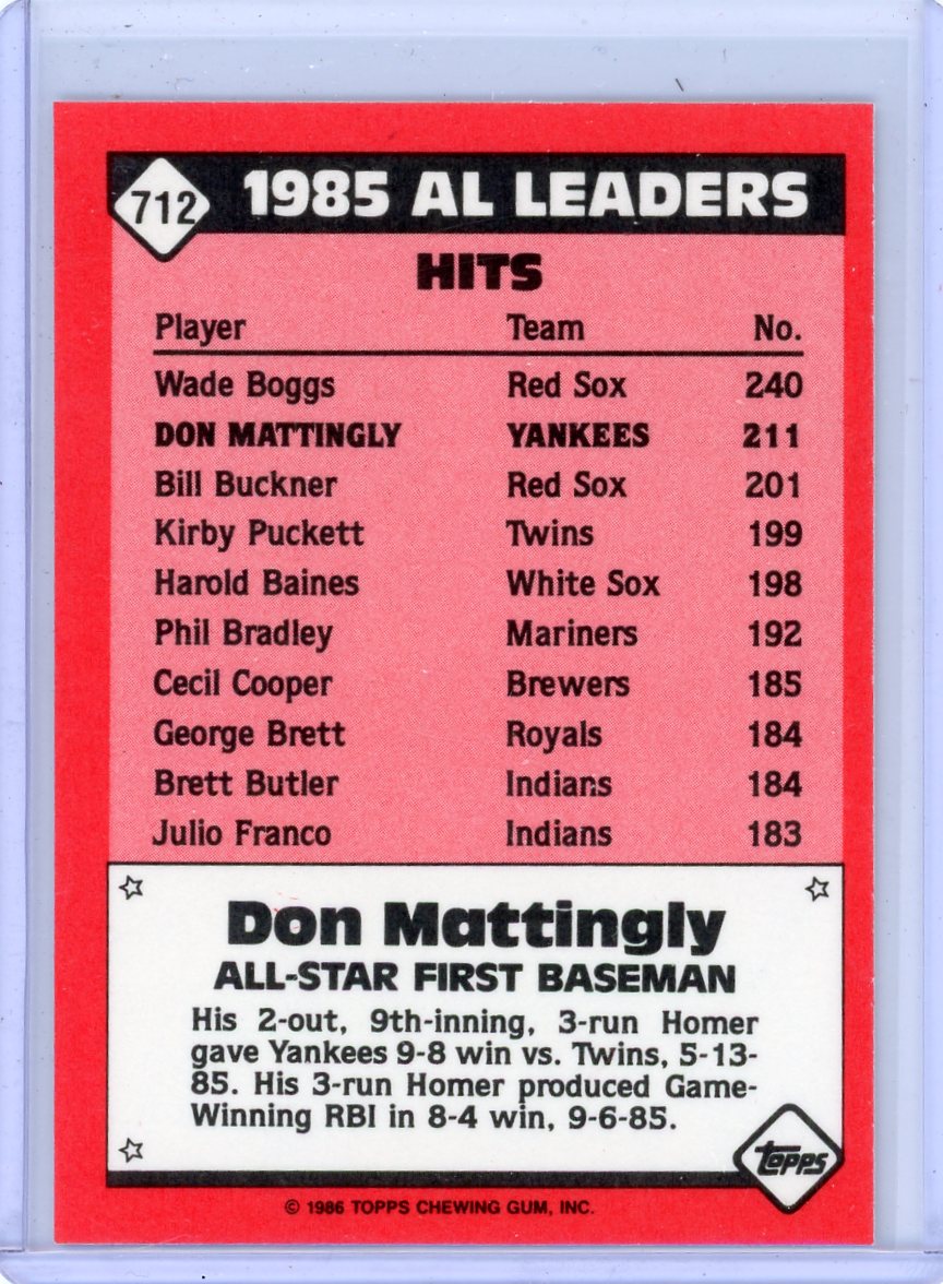 Don Mattingly 1986 Topps Tiffany A.L All Star