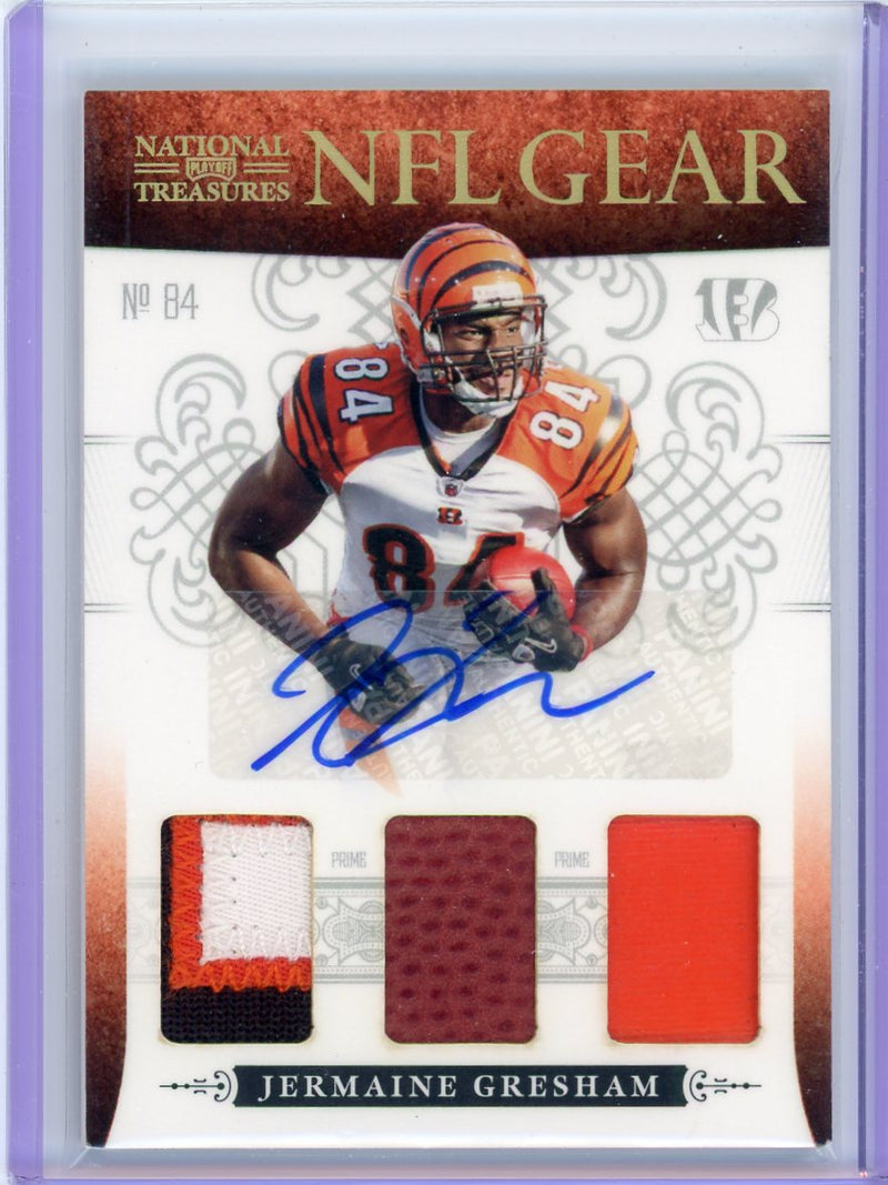 Jermaine Gresham 2011 Panini National Treasures NFL Gear triple jersey/football relic autograph 