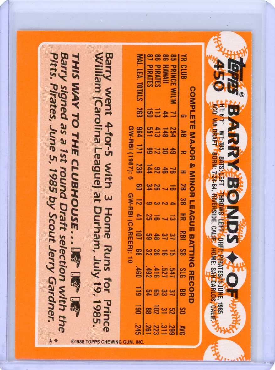 Barry Bonds 1988 Topps Tiffany #450
