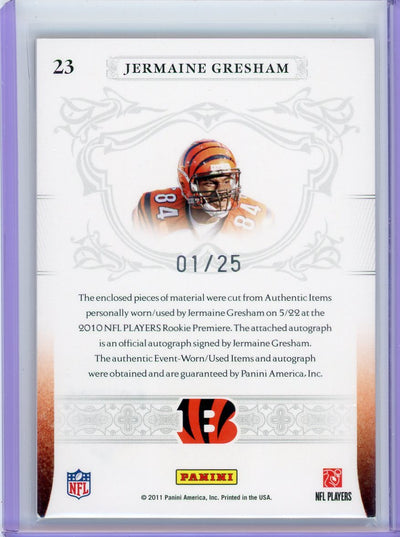 Jermaine Gresham 2011 Panini National Treasures NFL Gear triple jersey/football relic autograph #'d 01/25