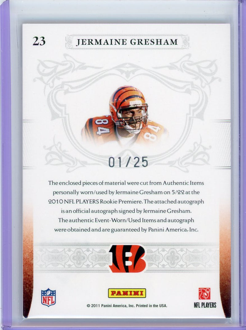 Jermaine Gresham 2011 Panini National Treasures NFL Gear triple jersey/football relic autograph 