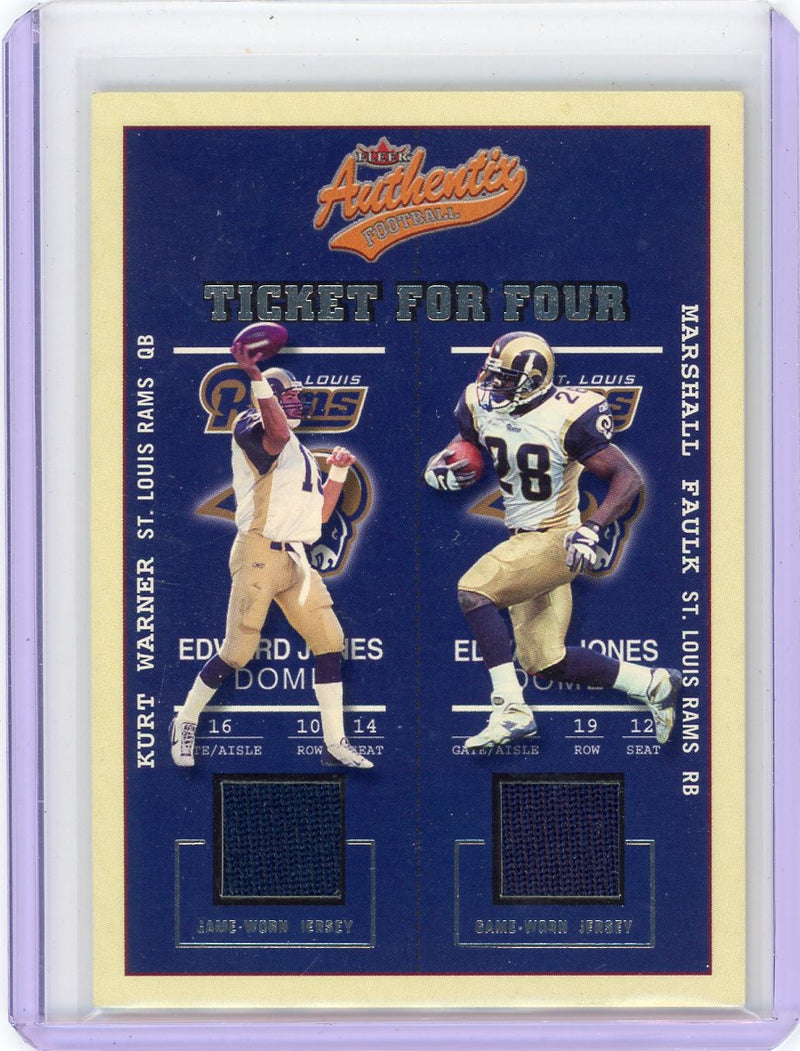 K Warner M Faulk T Holy I Bruce 2002 Fleer Authentic Ticket for Four quad relic 