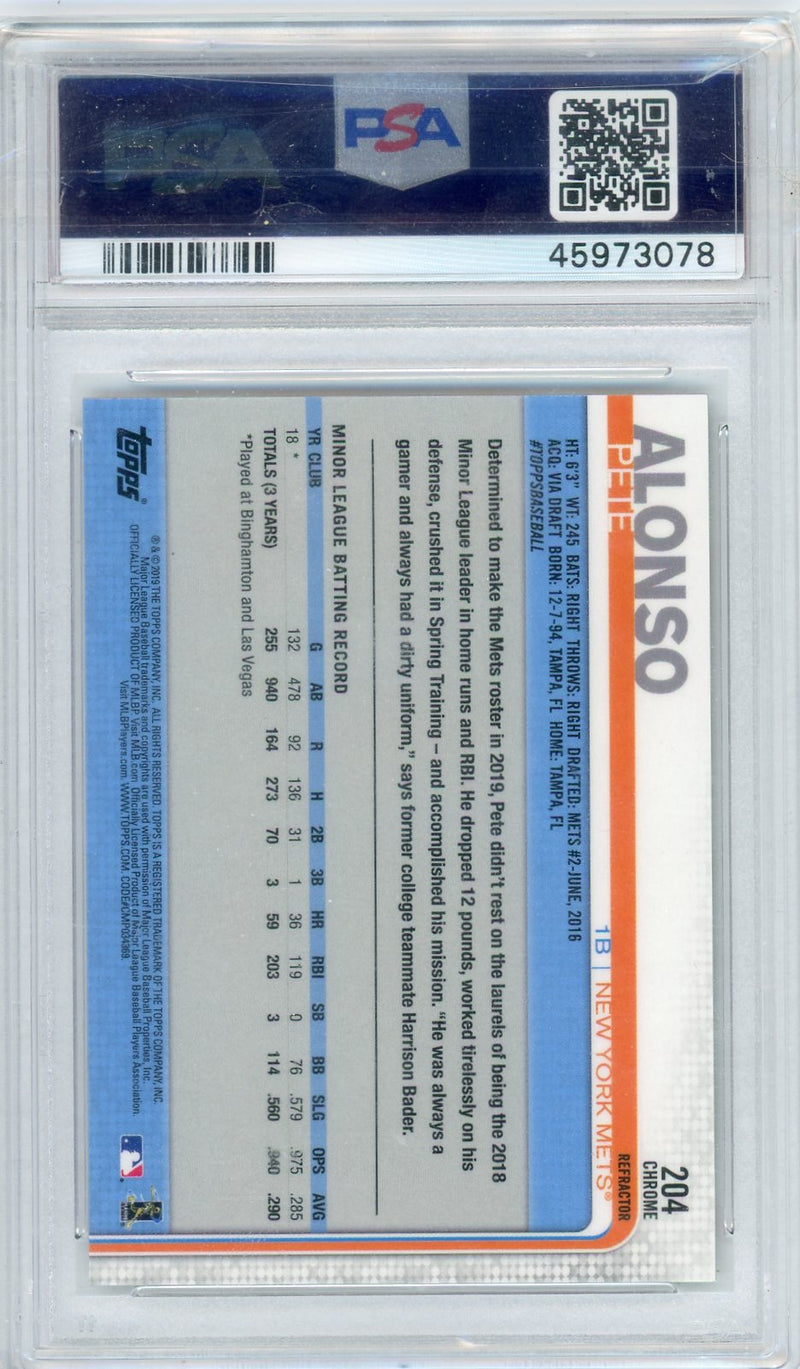 Pete Alonso 2019 Topps Chrome refractor rookie card PSA 9