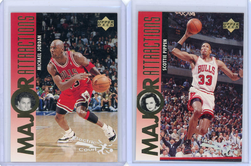 Michael Jordan + Scottie Pippen 1995 Upper Deck Major Attractions Electric Court 2-card lot