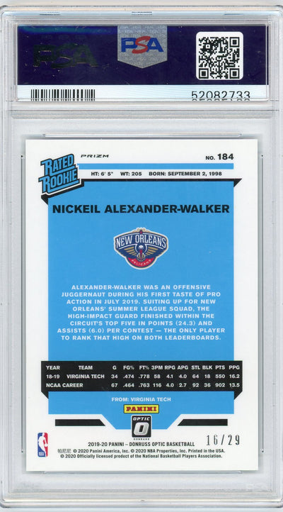 Nickeil Alexander-Walker 2019 Panini Donruss Optic Purple Stars FOTL RC #'d 16/29 PSA 9