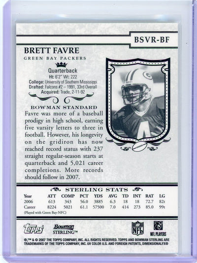 Brett Favre 2007 Bowman Sterling auth. game-used jersey relic