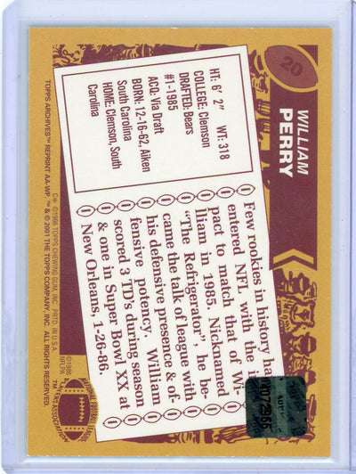 William Perry 2001 Topps Archives '86 Reprint Certified Autograph Issue