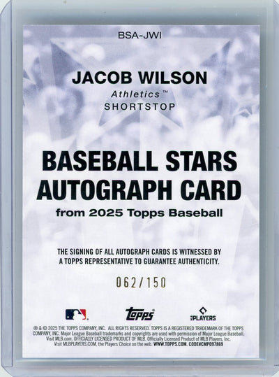 Jacob Wilson 2025 Topps Baseball Stars autograph rookie card #'d 062/150