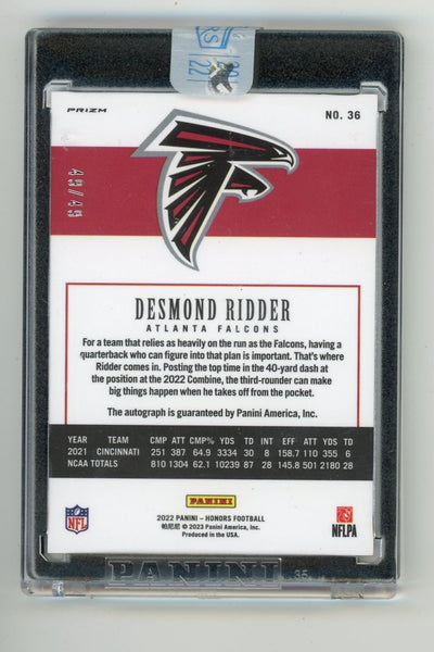 Desmond Ridder 2022 Panini Honors autograph rookie card #'d 49/49