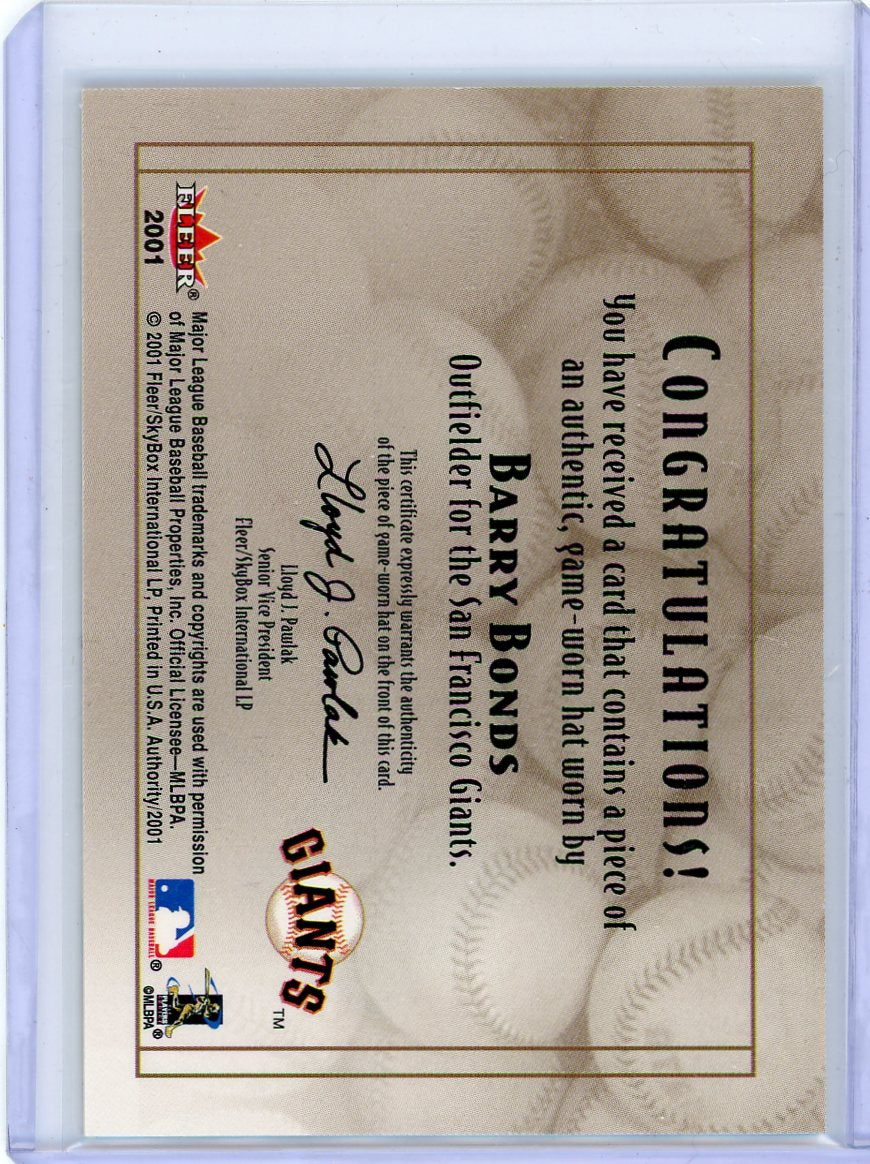 Barry Bonds 2001 Fleer Diamond Cuts game-used hat relic