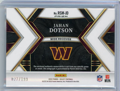 Jahan Dotson 2022 Panini Select RPA silver prizm #'d 027/199