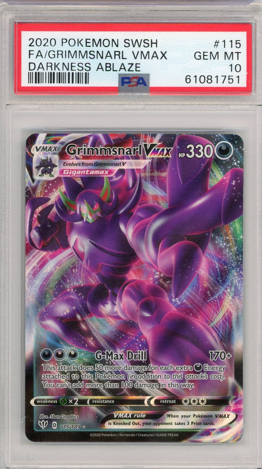 Grimmsnarl VMAX 2020 Pokemon Darkness Ablaze Full Art #115/189 PSA 10