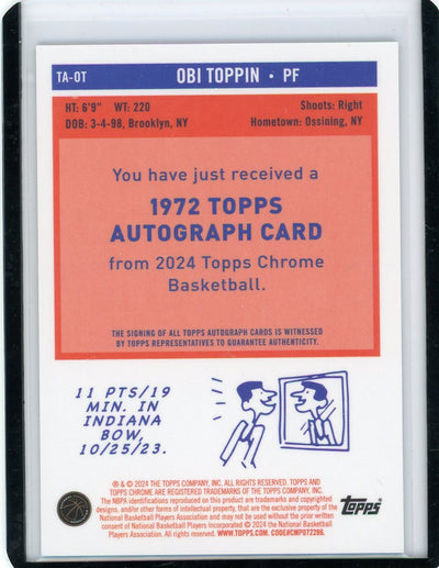 Obi Toppin 2023 Topps Chrome Basketball 1972 Autograph Black #'d 06/10