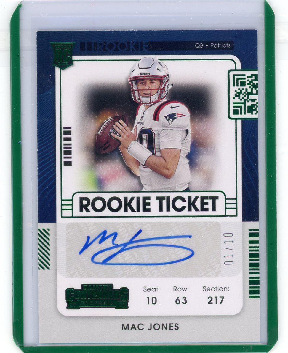 Mac Jones 2021 Panini Contenders Rookie Ticket autograph green #'d 01/10