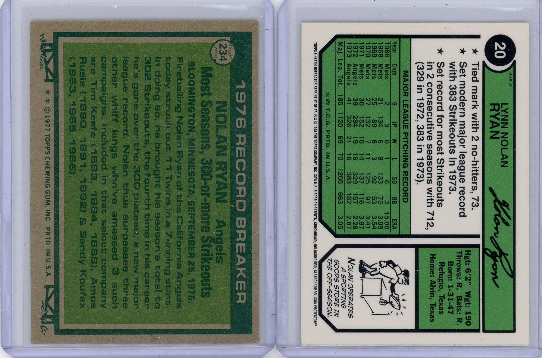 Nolan Ryan 1977 Topps Record Breakers + 1998 Finest Refractor Factory Reprint #20 2-card lot