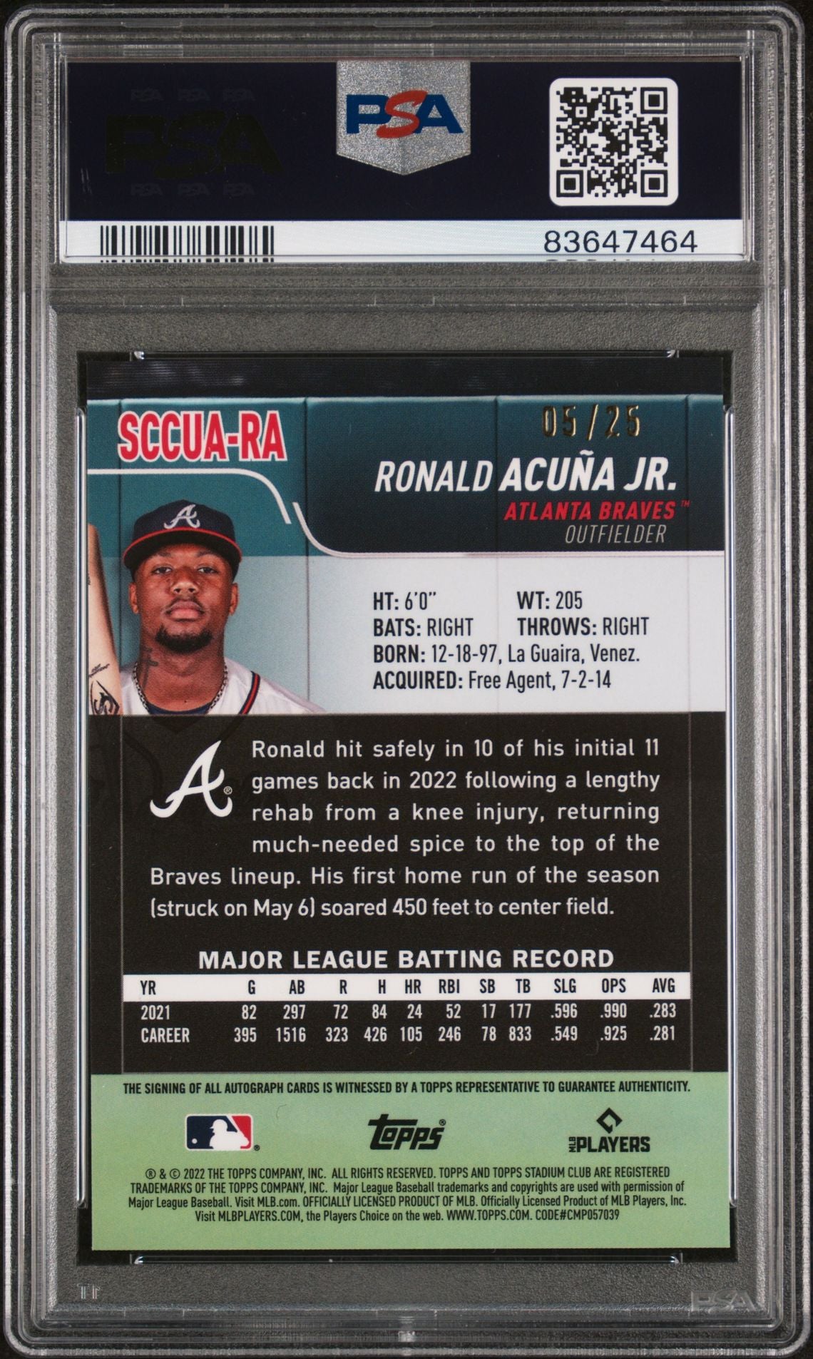 Ronald Acuna Jr. 2022 Stadium Club Chrome Orange Refractor Autograph #'d 05/25 PSA 10