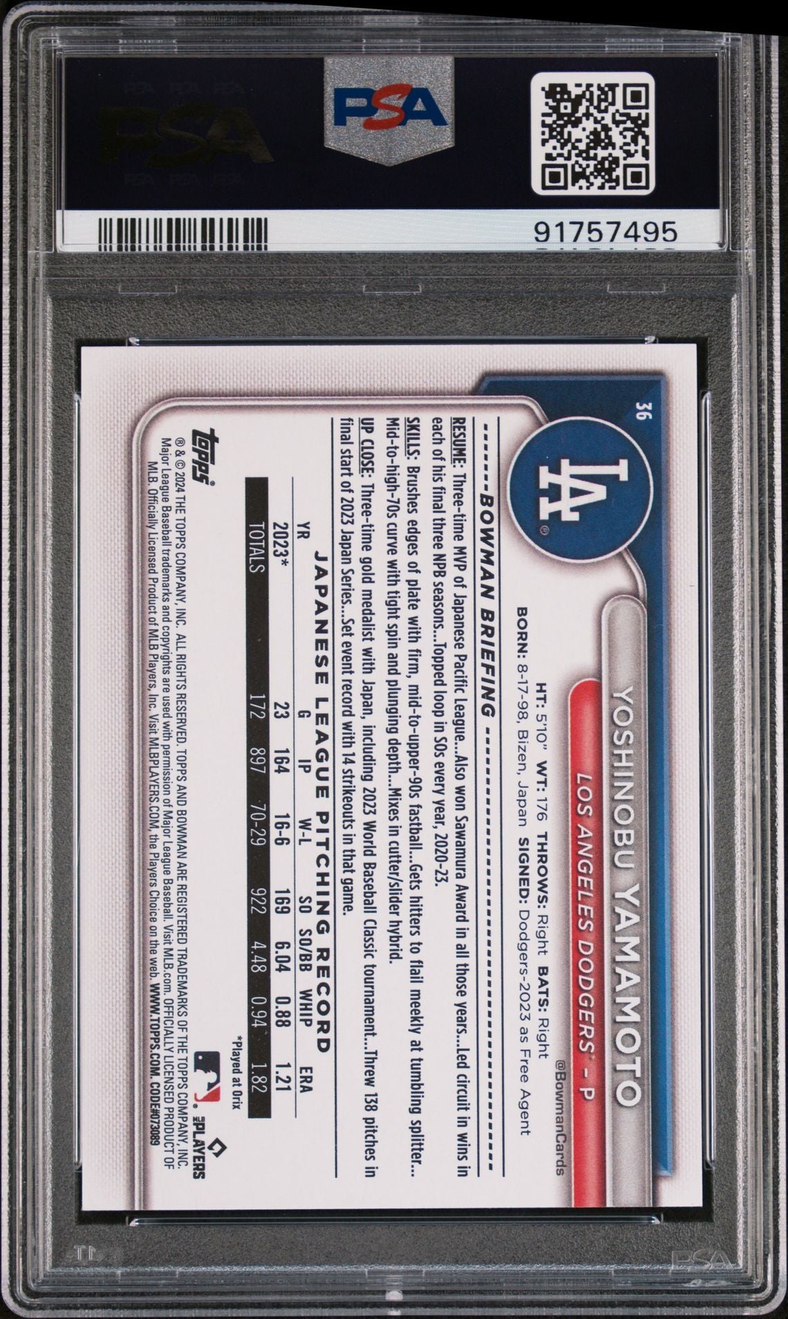 Yoshinobu Yamamoto 2024 Bowman #36 Rookie Card PSA 10