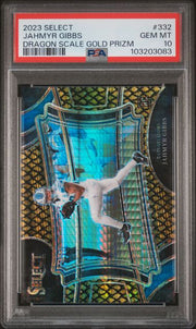 Jahmyr Gibbs 2023 Panini Select Dragon Scale gold prizm rc #'d 04/10 PSA 10