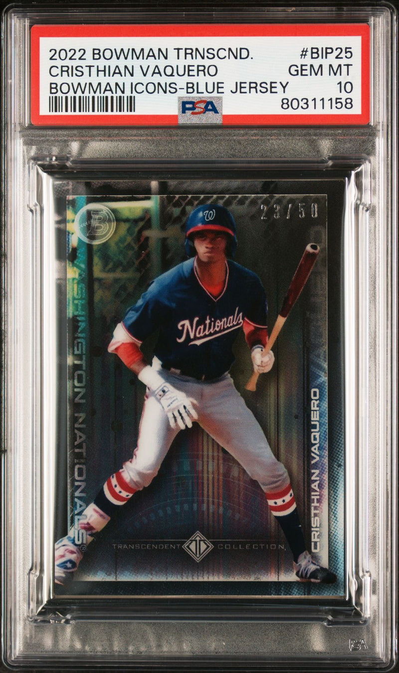 Cristhian Vaquero 2022 Bowman Transcendent Collection Bowman Icons /50 Blue Jersey PSA 10